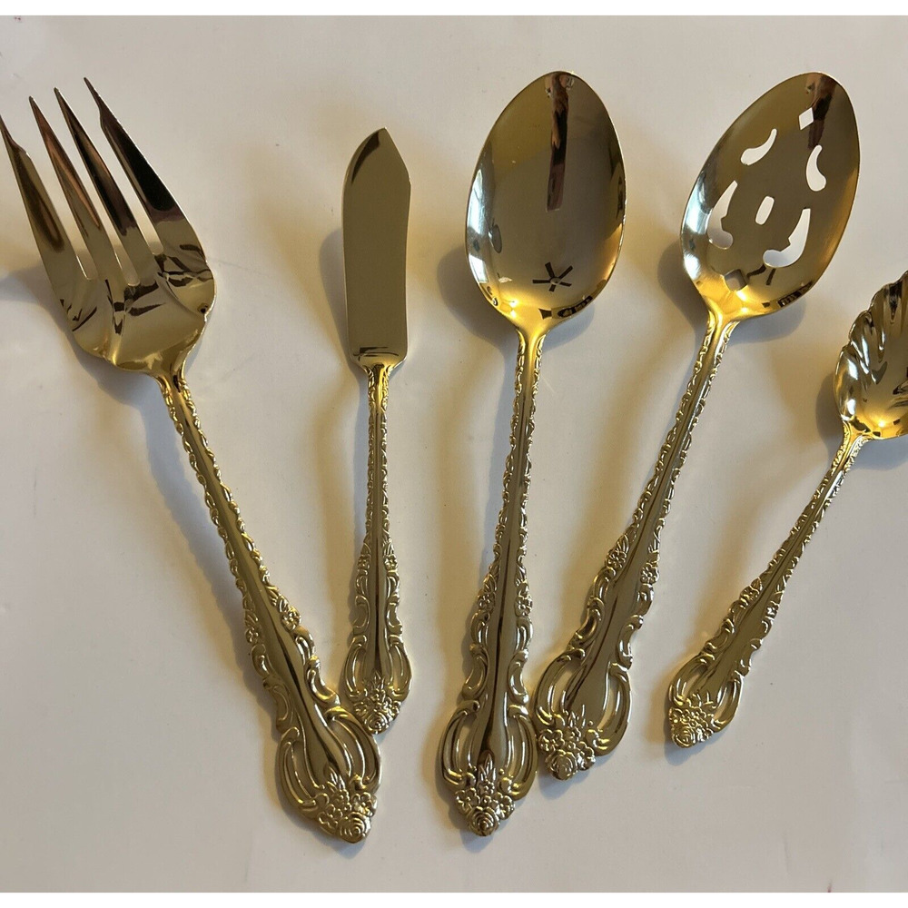 Cook's Essentials Floral New JC Penney Stainless Flatware 5 Pc Serving Gold